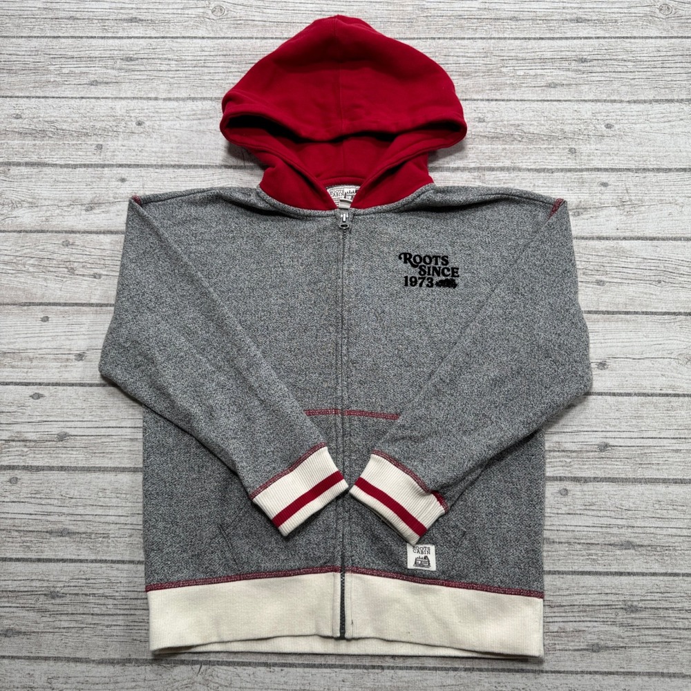 Roots Cabin Hoodie Kid's XL Gray Red Full Zip Athletic Varsity Sweatshirt Skater